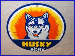 Vintage Husky Gasoline +dog 11 3/4 Porcelain Metal Service Station Gas Oil Sign