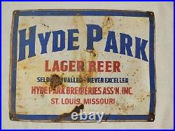 Vintage Hyde Park Beer Sign Metal St. Louis Missouri Falstaff Pabst Jax Gas Oil