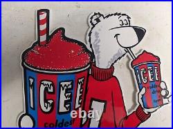 Vintage Icee Heavy Metal Porcelain Advertising Sign Ice Cream Polar Bear