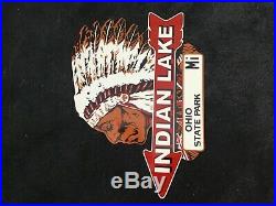 Vintage Indian Lake Metal Sign Gas Oil Service Station Pump Plate Rare Ohio Park