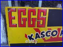 Vintage KASCO FEEDS EGGS Embossed Metal Sign Old Farm Seed Advertising Scioto