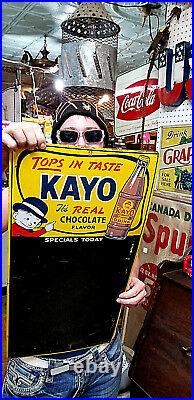 Vintage Kayo Chocolate Soda Pop Metal Sign 28inX14in With Kid & Bottle Graphics