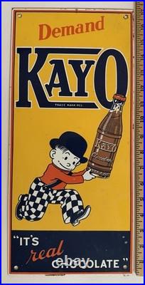Vintage Kayo Chocolate Soda Porcelain Enamel Metal Sign 8x17 Ande Rooney