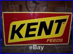 Vintage Kent Feeds Embossed Metal Sign 18 x 36 Old Feed Seed Farm Advertising