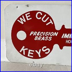 Vintage Key Cutting Metal Sign White Red Precision Brass Auto House