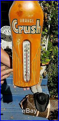 Vintage LG 29inX7in Orange Crush Beverage Bottle Soda Pop Metal Thermometer Sign