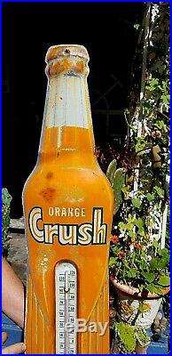 Vintage LG 29inX7in Orange Crush Beverage Bottle Soda Pop Metal Thermometer Sign