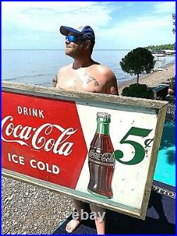 Vintage LG 56x32 Metal Coca Cola Soda Pop Bottle 5 cent Graphic Sign Coke