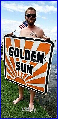 Vintage LG Metal Golden Sun Feeds Chicken Cattle Cow Seed Corn Farm Sign 36X36