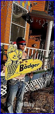 Vintage LG RARE Badger Feed Seed Metal Farm Weather Vane Arrow Sign 2sided 60X21