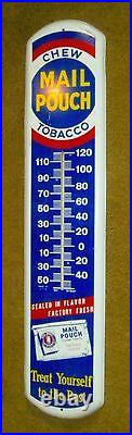 Vintage Large 38 x 8 Inch Chew Mail Pouch Tobacco Thermometer Metal Sign