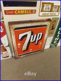 Vintage Large 7 Up Metal Sign Rusty Gold GAS OIL SODA COLA