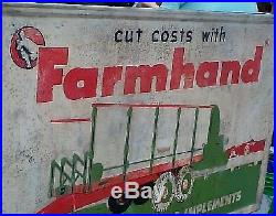 Vintage Lg Farm Hand Metal Sign With Cow Wagon Graphic 46X28