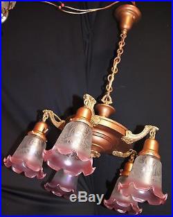 Vintage Lighting antique 1920s pan chandelier with French Viumme (signed) shades