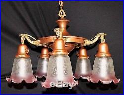 Vintage Lighting antique 1920s pan chandelier with French Viumme (signed) shades