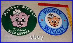 Vintage Llot Of 2 Piggly Wiggly? Pig Grocery Store 11 3/4 Porcelain Metal Sign