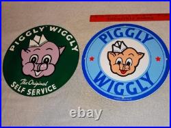 Vintage Llot Of 2 Piggly Wiggly? Pig Grocery Store 11 3/4 Porcelain Metal Sign