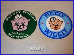 Vintage Llot Of 2 Piggly Wiggly? Pig Grocery Store 11 3/4 Porcelain Metal Sign