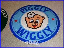 Vintage Llot Of 2 Piggly Wiggly? Pig Grocery Store 11 3/4 Porcelain Metal Sign