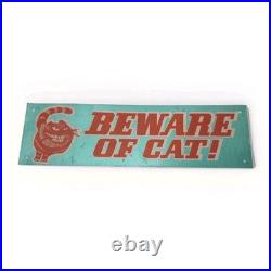 Vintage MCM 1960s BEWARE OF CAT Metal Tin Litho Sign Alice In Wonderland