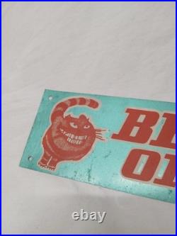 Vintage MCM 1960s BEWARE OF CAT Metal Tin Litho Sign Alice In Wonderland