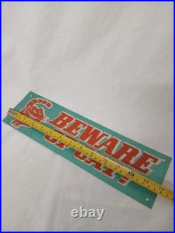 Vintage MCM 1960s BEWARE OF CAT Metal Tin Litho Sign Alice In Wonderland