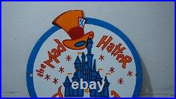 Vintage Mad Hatter Porcelain Sign Gas Oil Walt Disney Rare Ad Tiki Pump Station