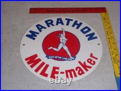 Vintage Marathon Mile Maker Gasoline 11 3/4 Porcelain Metal Oil Sign Pump Plate