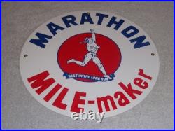 Vintage Marathon Mile Maker Gasoline 11 3/4 Porcelain Metal Oil Sign Pump Plate
