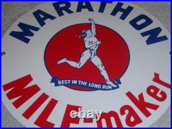 Vintage Marathon Mile Maker Gasoline 11 3/4 Porcelain Metal Oil Sign Pump Plate