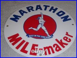 Vintage Marathon Mile Maker Gasoline 11 3/4 Porcelain Metal Oil Sign Pump Plate