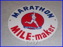 Vintage Marathon Mile Maker Gasoline 11 3/4 Porcelain Metal Oil Sign Pump Plate