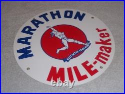 Vintage Marathon Mile Maker Gasoline 11 3/4 Porcelain Metal Oil Sign Pump Plate