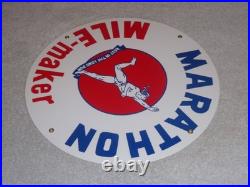 Vintage Marathon Mile Maker Gasoline 11 3/4 Porcelain Metal Oil Sign Pump Plate