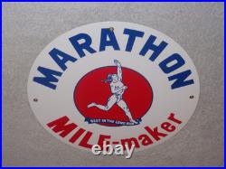 Vintage Marathon Mile Maker Gasoline 11 3/4 Porcelain Metal Oil Sign Pump Plate