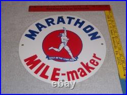 Vintage Marathon Mile Maker Gasoline 11 3/4 Porcelain Metal Oil Sign Pump Plate