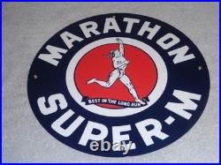 Vintage Marathon Super M Runner 11 3/4 Porcelain Metal Run Gasoline & Oil Sign