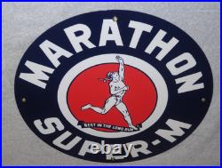 Vintage Marathon Super M Runner 11 3/4 Porcelain Metal Run Gasoline & Oil Sign