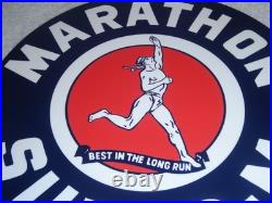 Vintage Marathon Super M Runner 11 3/4 Porcelain Metal Run Gasoline & Oil Sign
