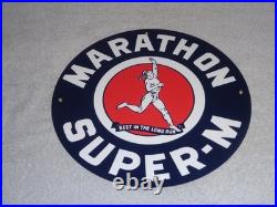 Vintage Marathon Super M Runner 11 3/4 Porcelain Metal Run Gasoline & Oil Sign