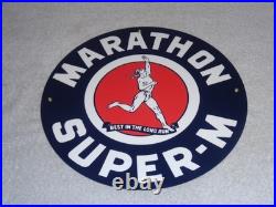 Vintage Marathon Super M Runner 11 3/4 Porcelain Metal Run Gasoline & Oil Sign