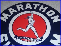 Vintage Marathon Super M Runner 11 3/4 Porcelain Metal Run Gasoline & Oil Sign