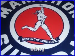Vintage Marathon Super M Runner 11 3/4 Porcelain Metal Run Gasoline & Oil Sign