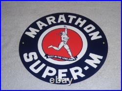 Vintage Marathon Super M Runner 11 3/4 Porcelain Metal Run Gasoline & Oil Sign