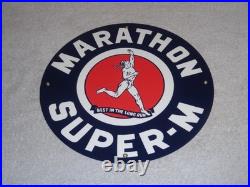 Vintage Marathon Super M Runner 11 3/4 Porcelain Metal Run Gasoline & Oil Sign
