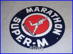 Vintage Marathon Super M Runner 11 3/4 Porcelain Metal Run Gasoline & Oil Sign