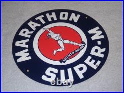 Vintage Marathon Super M Runner 11 3/4 Porcelain Metal Run Gasoline & Oil Sign
