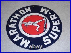 Vintage Marathon Super M Runner 11 3/4 Porcelain Metal Run Gasoline & Oil Sign