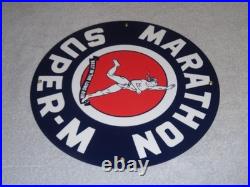 Vintage Marathon Super M Runner 11 3/4 Porcelain Metal Run Gasoline & Oil Sign