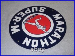 Vintage Marathon Super M Runner 11 3/4 Porcelain Metal Run Gasoline & Oil Sign